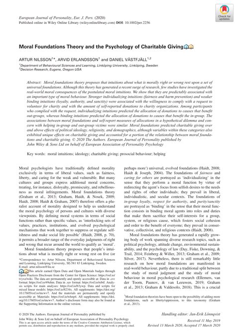 Moral Foundations Theory and the Psychology of Charitable Giving.